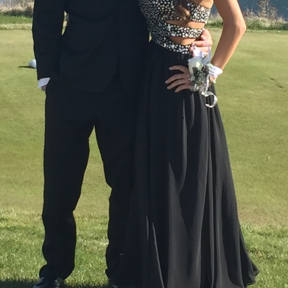 Black strapless dress with cutouts on sides & slit